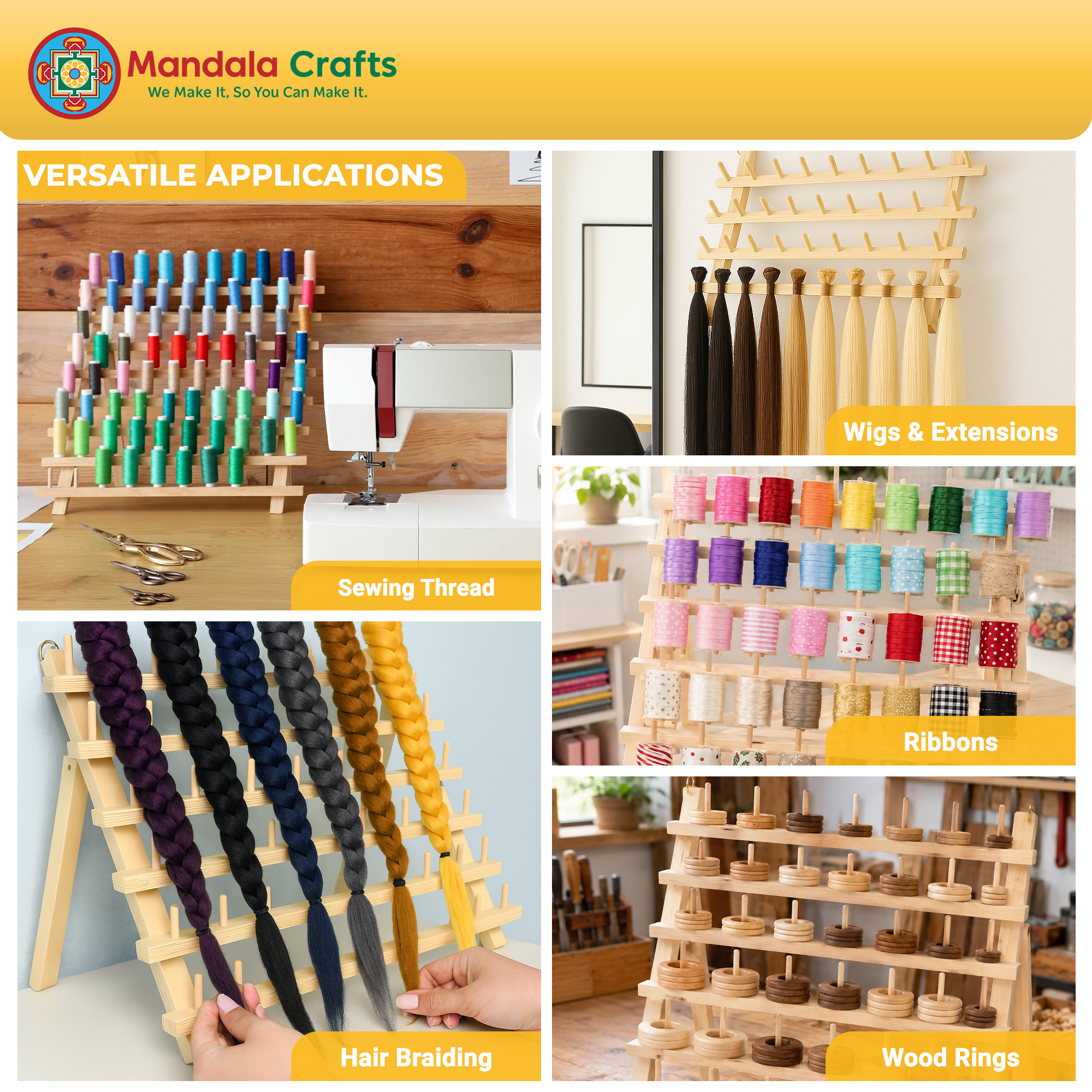 Thread Holder for Spools of Thread, Hair Rack for Braiding Hair, Wooden Organizer Stand for Sewing