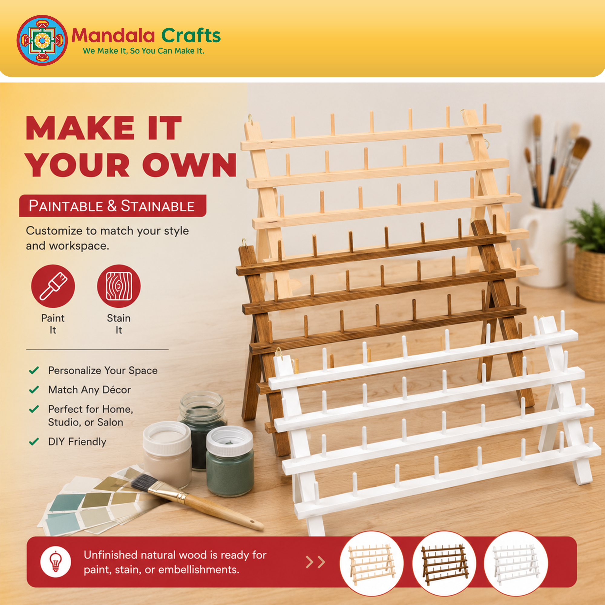 Thread Holder for Spools of Thread, Hair Rack for Braiding Hair, Wooden Organizer Stand for Sewing