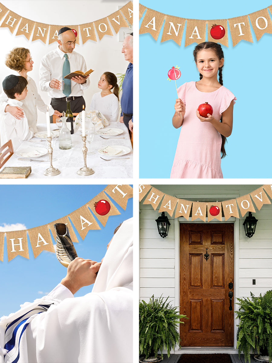 Mandala Crafts Burlap Shana Tova Banner for Rosh Hashanah Decorations - Yom Teruah Shana Tova Garland High Holy Days Jewish New Year Decor