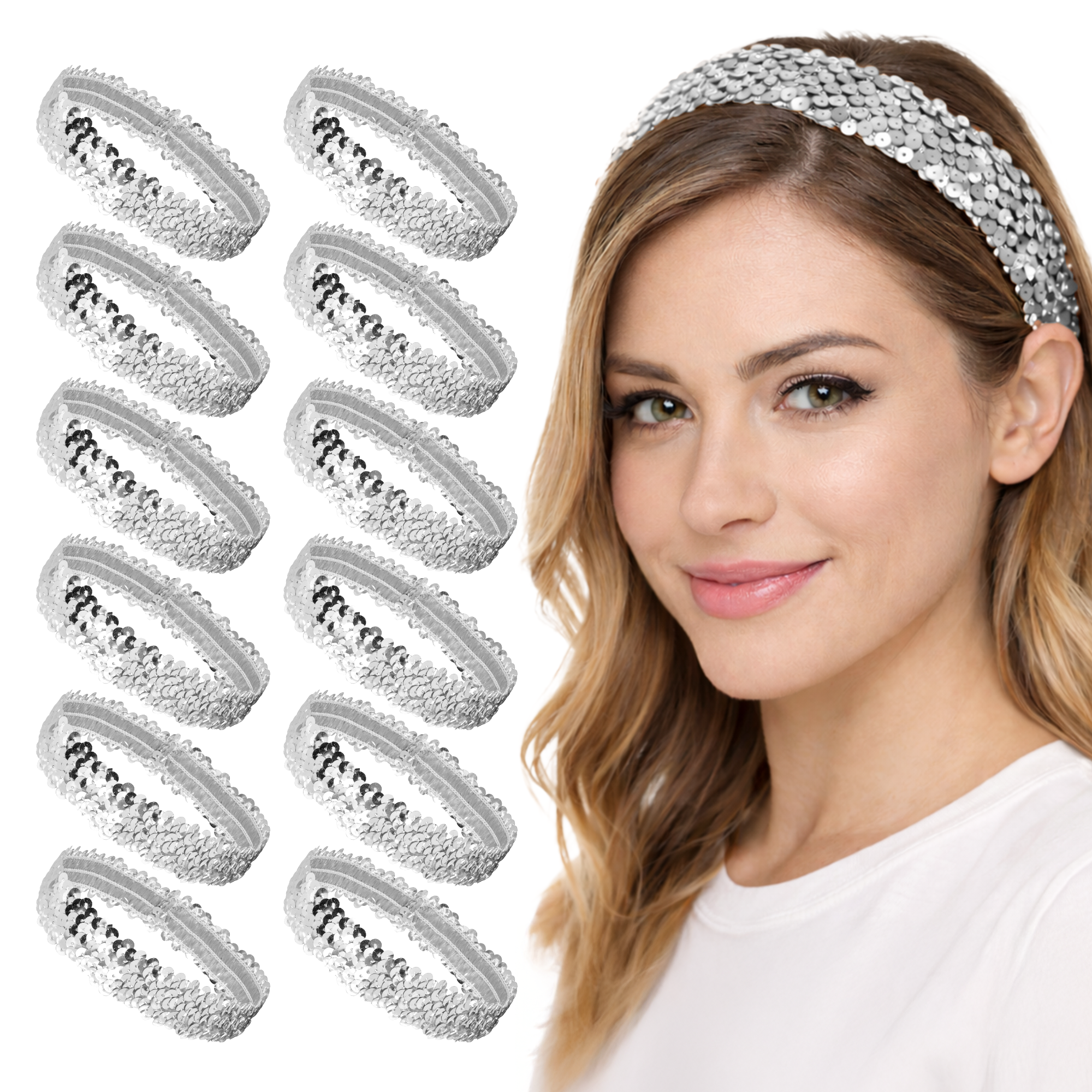 Mandala Crafts Stretch Elastic Sequin Headband, Sparkle Glitter Fashion Head Band 12 Pack Set for Sports, Dance, Party, Women, Girls, Babies