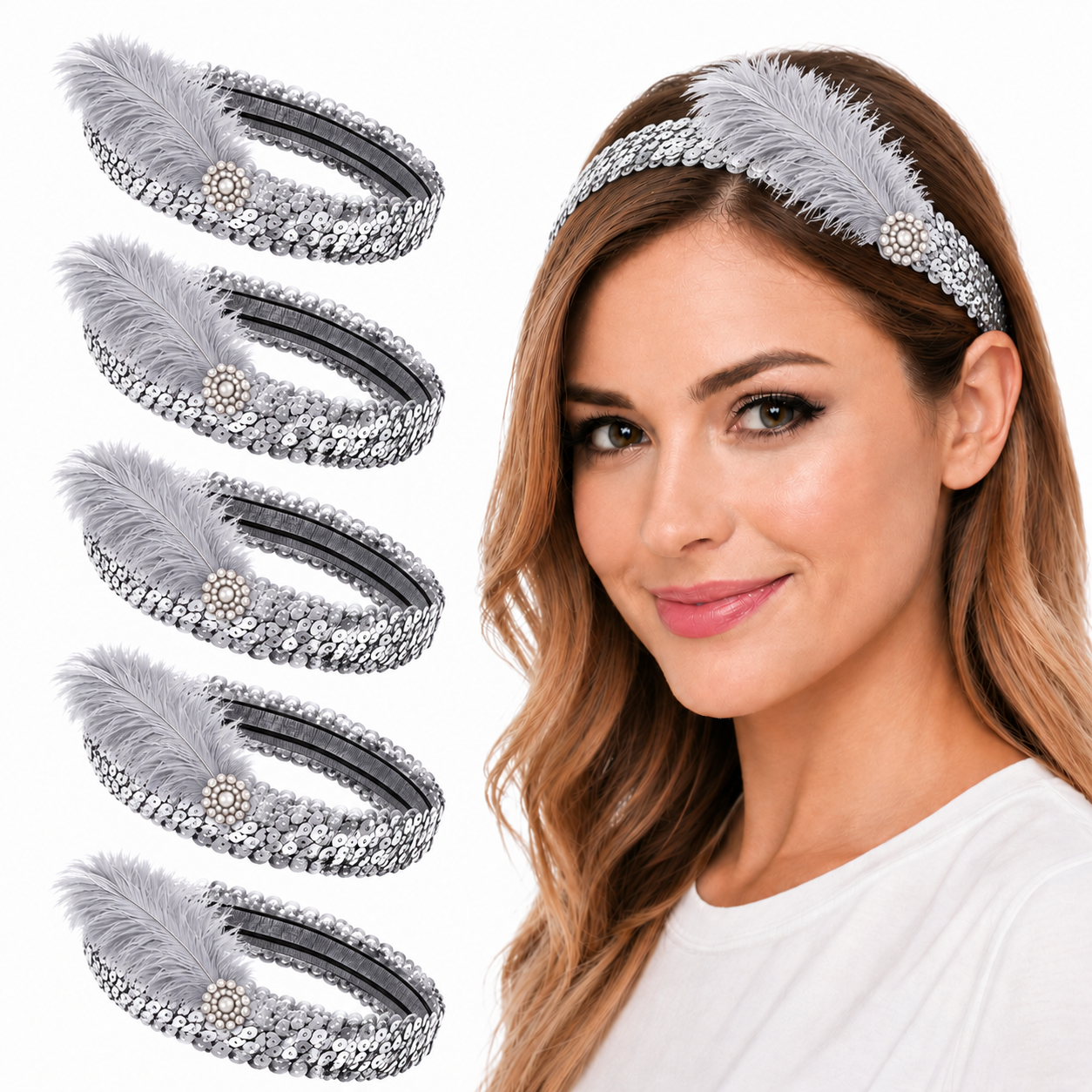 Mandala Crafts Glitter Sequin Headbands with Ostrich Feather Flapper for Women – Elastic Sparkle Bands for Disco, Dance, Carnival Party, or Costume Accessories 5 PCs
