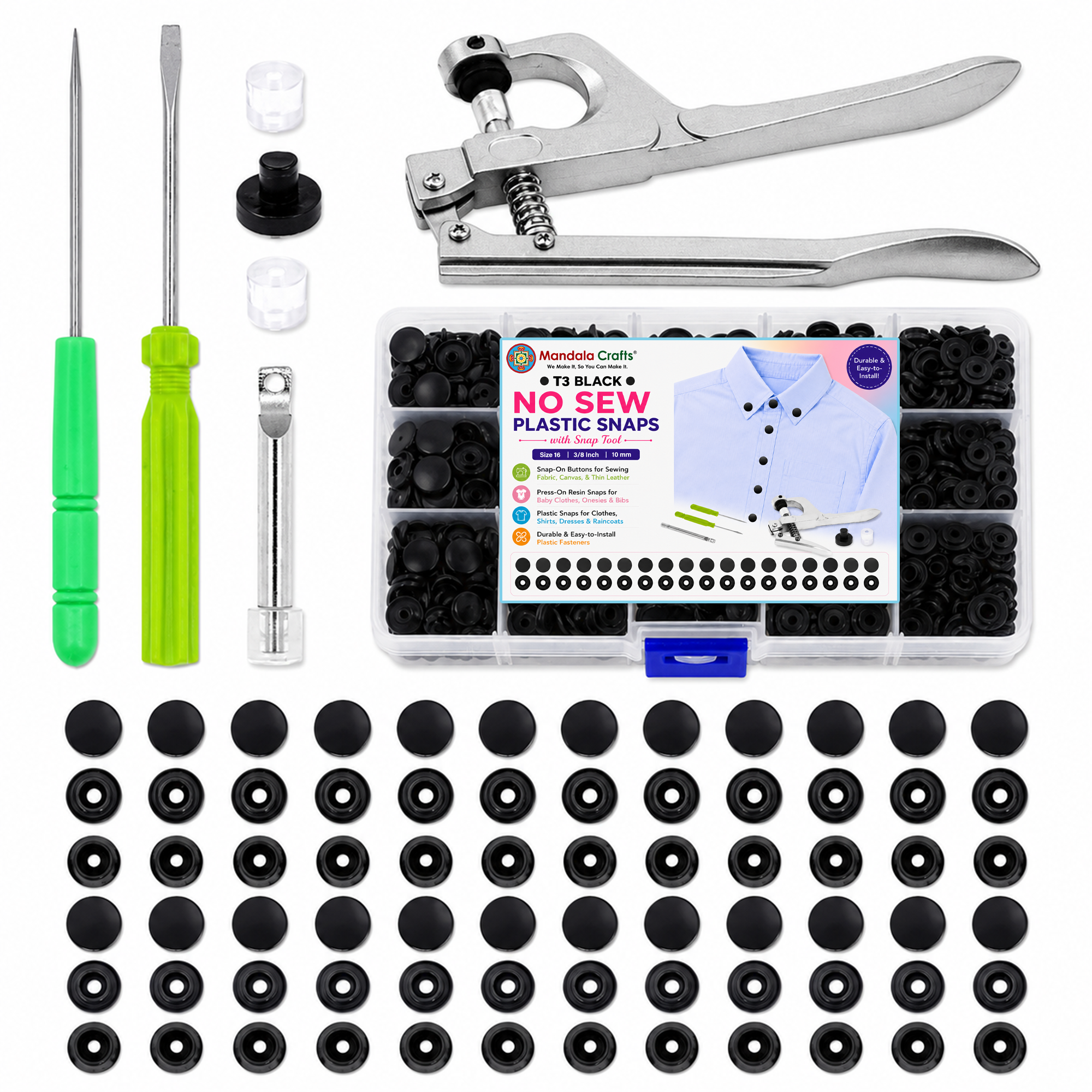 Mandala Crafts Plastic Snaps for Clothing - No-Sew Plastic Snap Buttons - Snap Button Kit - Snap Fastener Kit with Tools for Fabric Sewing Clothes