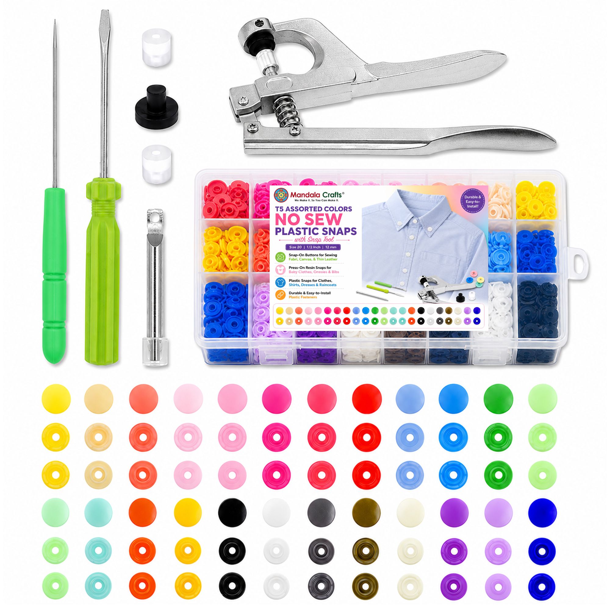 Mandala Crafts Plastic Snaps for Clothing - No-Sew Plastic Snap Buttons - Snap Button Kit - Snap Fastener Kit with Tools for Fabric Sewing Clothes
