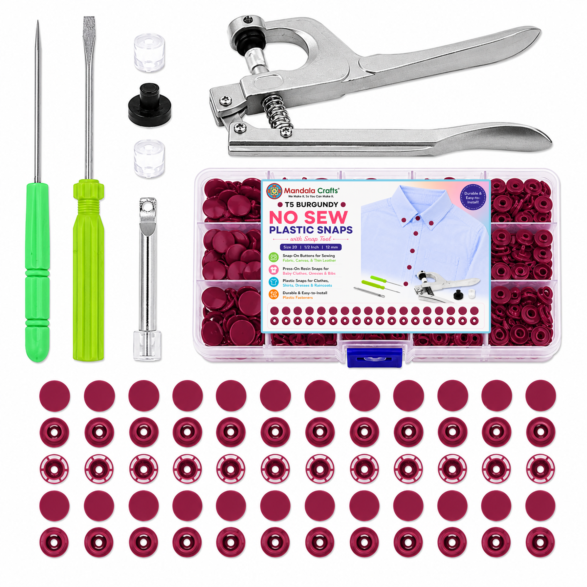 Mandala Crafts Plastic Snaps for Clothing - No-Sew Plastic Snap Buttons - Snap Button Kit - Snap Fastener Kit with Tools for Fabric Sewing Clothes