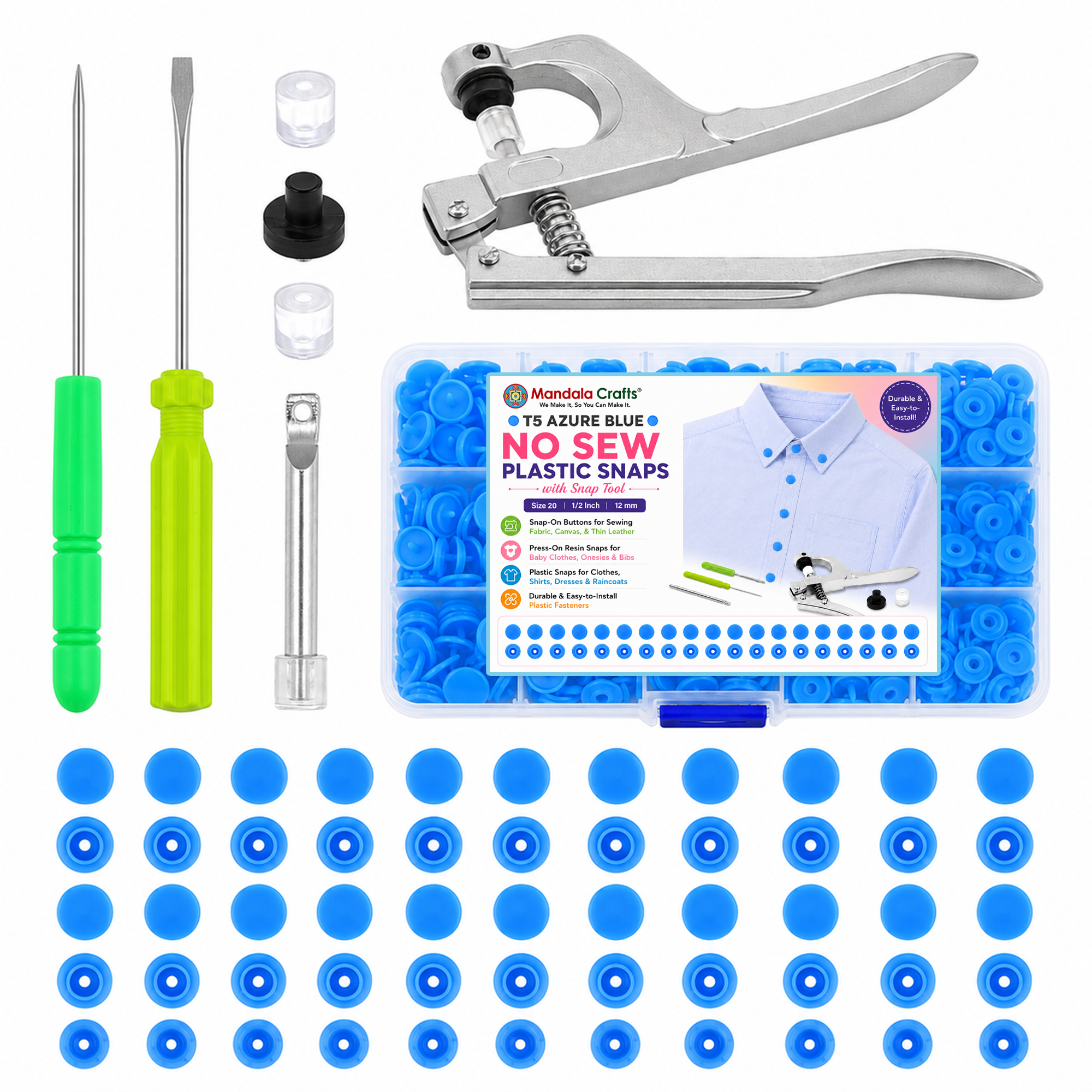 Mandala Crafts Plastic Snaps for Clothing - No-Sew Plastic Snap Buttons - Snap Button Kit - Snap Fastener Kit with Tools for Fabric Sewing Clothes