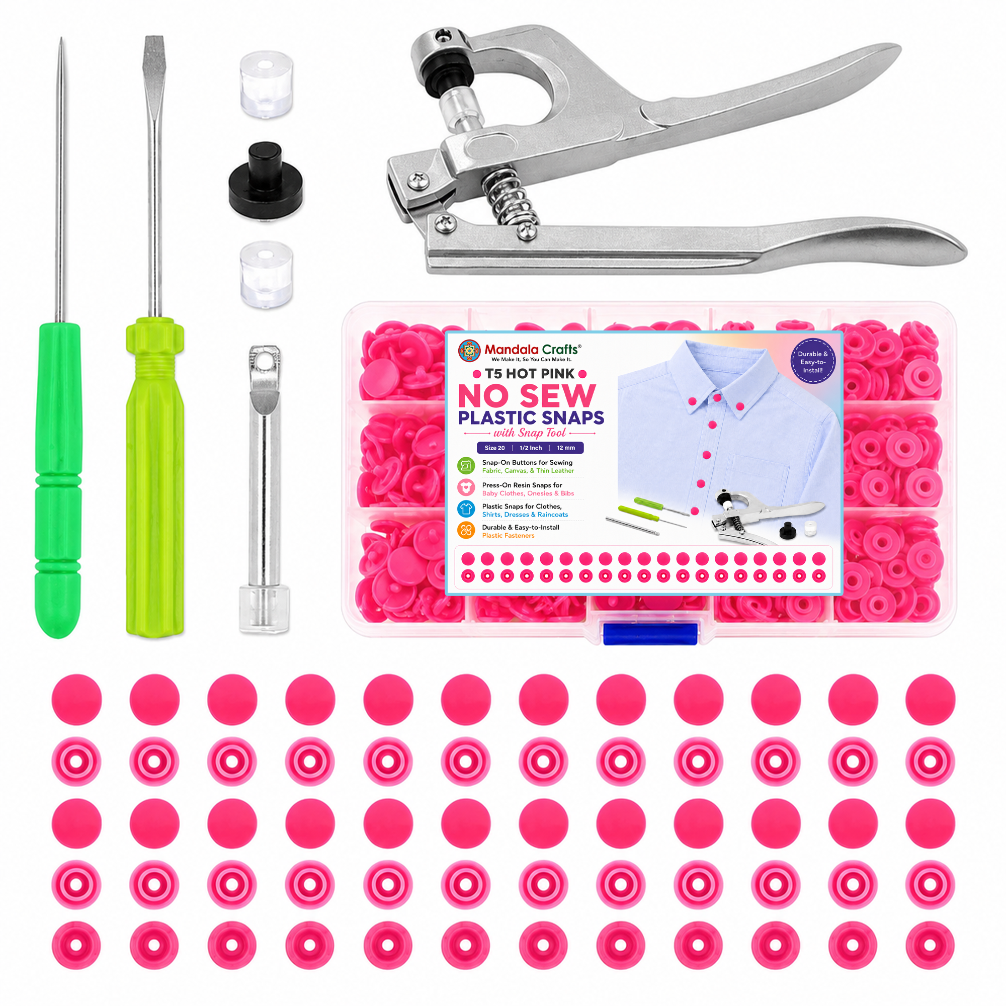 Mandala Crafts Plastic Snaps for Clothing - No-Sew Plastic Snap Buttons - Snap Button Kit - Snap Fastener Kit with Tools for Fabric Sewing Clothes