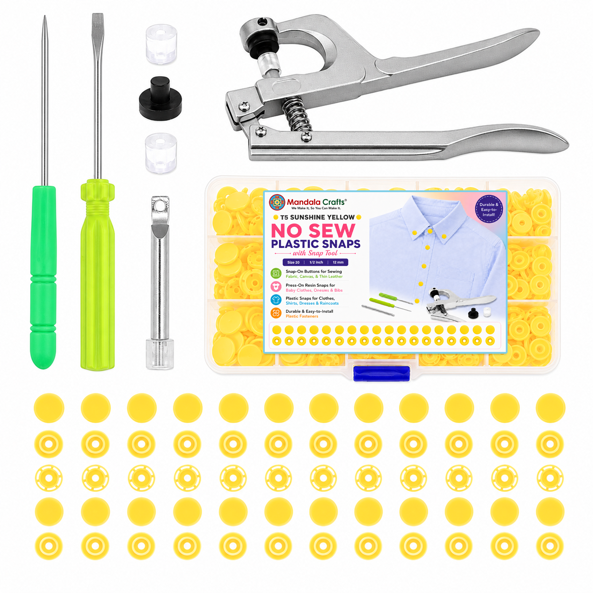 Mandala Crafts Plastic Snaps for Clothing - No-Sew Plastic Snap Buttons - Snap Button Kit - Snap Fastener Kit with Tools for Fabric Sewing Clothes