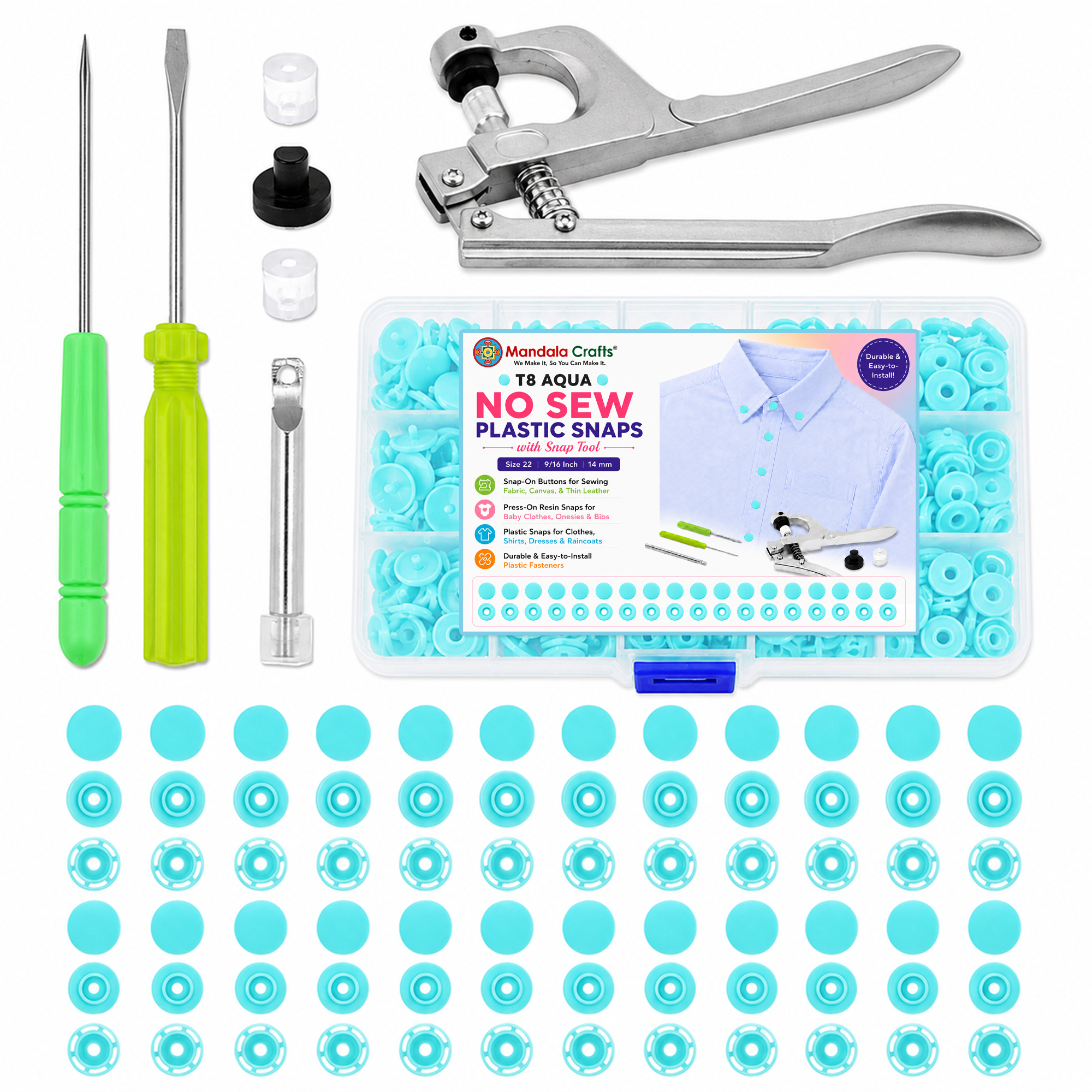 Mandala Crafts Plastic Snaps for Clothing - No-Sew Plastic Snap Buttons - Snap Button Kit - Snap Fastener Kit with Tools for Fabric Sewing Clothes
