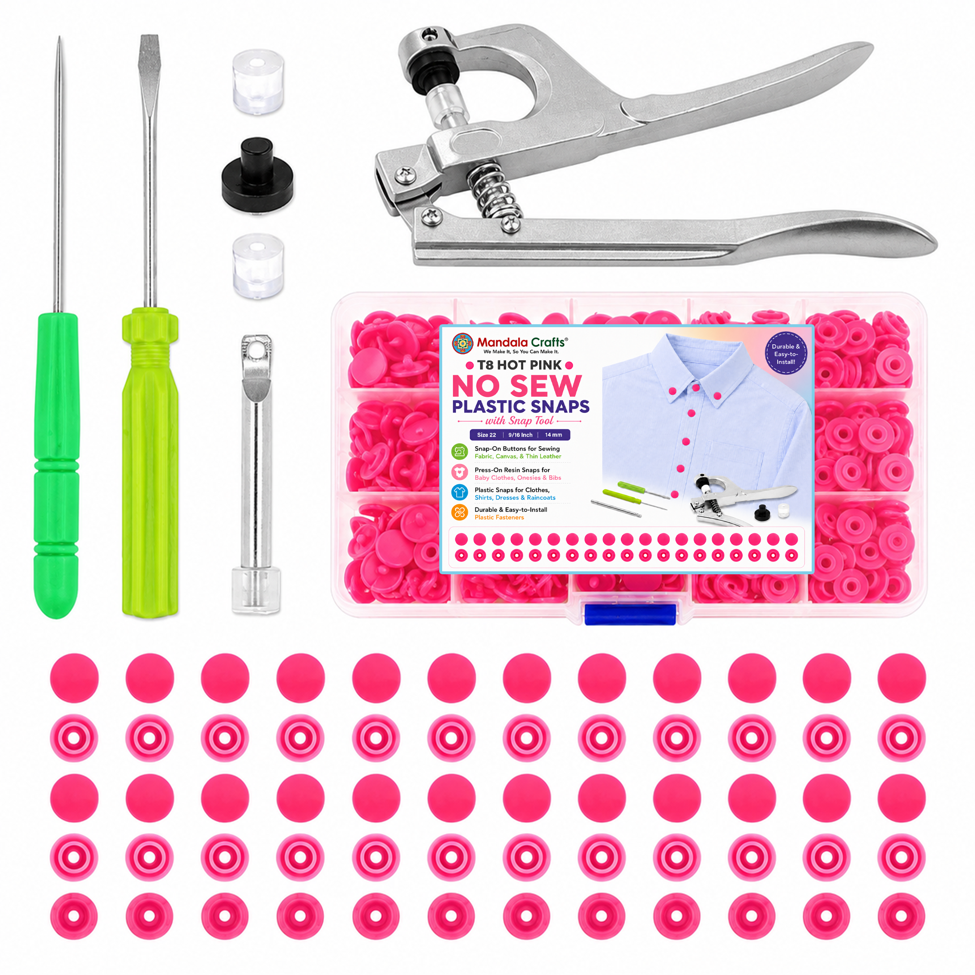 Mandala Crafts Plastic Snaps for Clothing - No-Sew Plastic Snap Buttons - Snap Button Kit - Snap Fastener Kit with Tools for Fabric Sewing Clothes