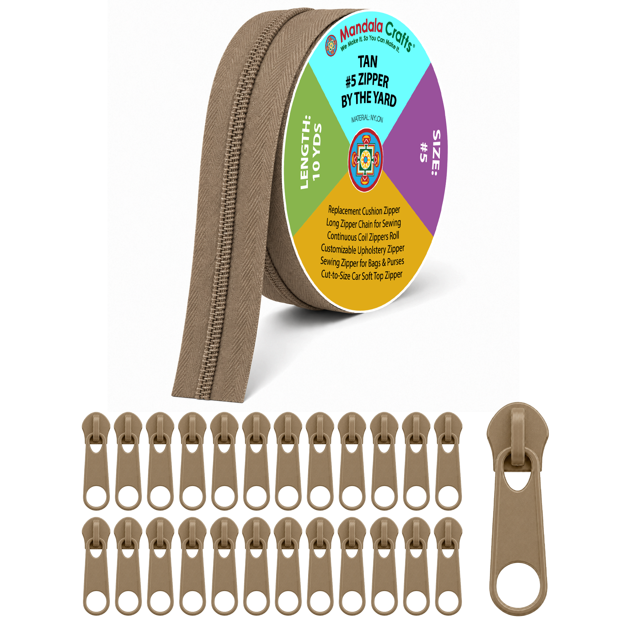 Mandala Crafts #3 #5 Nylon Zippers by the Yard with 25 Pulls | 10 YDs, Continuous Coil Zipper Chain on the Roll, Rust Resistant Sliders, for Upholstery, Sewing, Indoor Outdoor Cushions