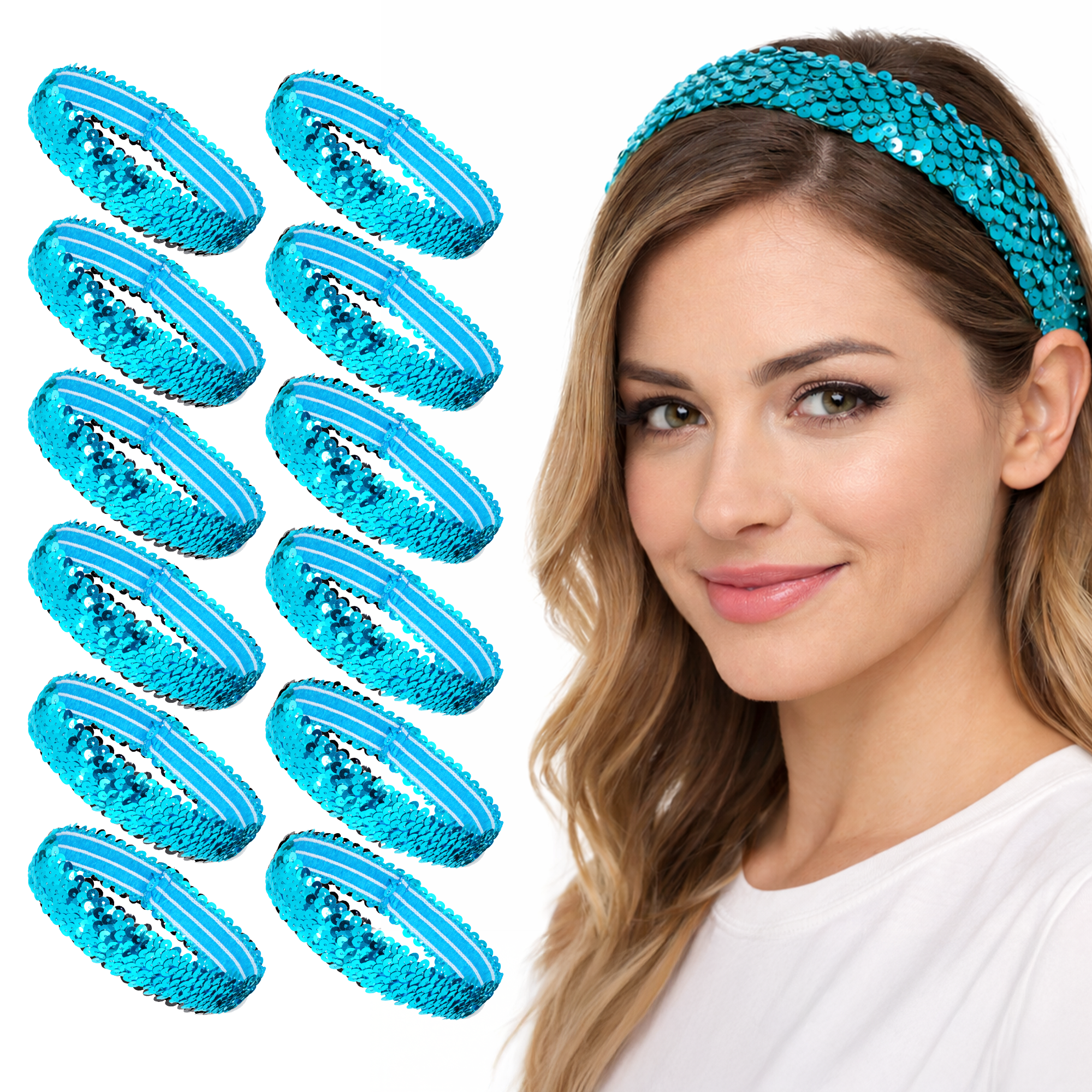 Mandala Crafts Stretch Elastic Sequin Headband, Sparkle Glitter Fashion Head Band 12 Pack Set for Sports, Dance, Party, Women, Girls, Babies