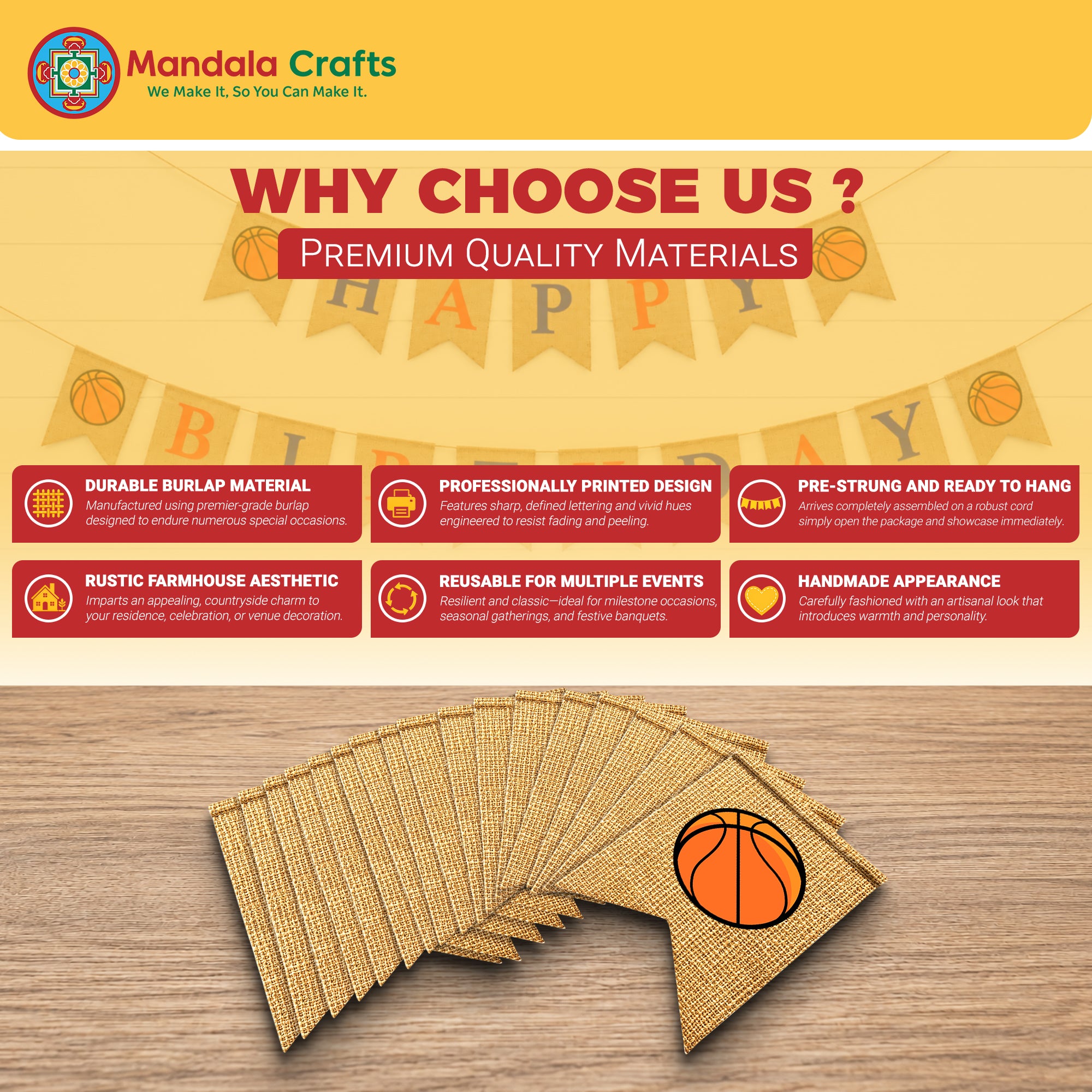 Mandala Crafts Burlap Happy Birthday Banner, Rustic Party Decorations, Jute Sports Theme Birthday Garland Sign for Home, Wall, Mantel & Photo Backdrop