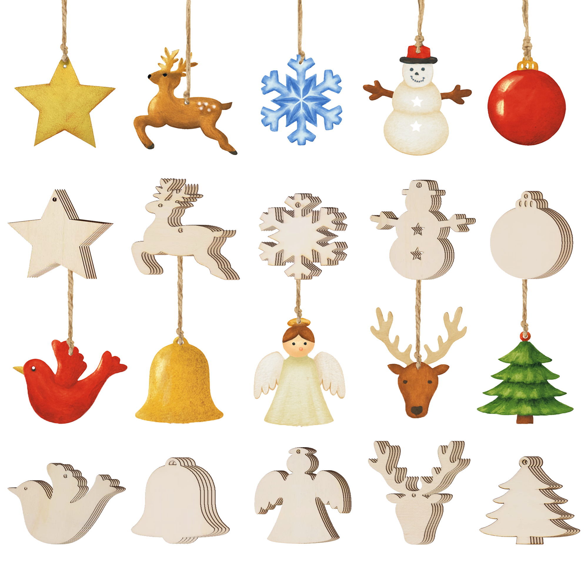 50 Sets Unfinished Wood Christmas Ornaments for Crafts - DIY Unfinished Wood Ornaments for Crafts Bulk Blank Wooden Christmas Ornaments for Xmas Tree Hanging Decoration