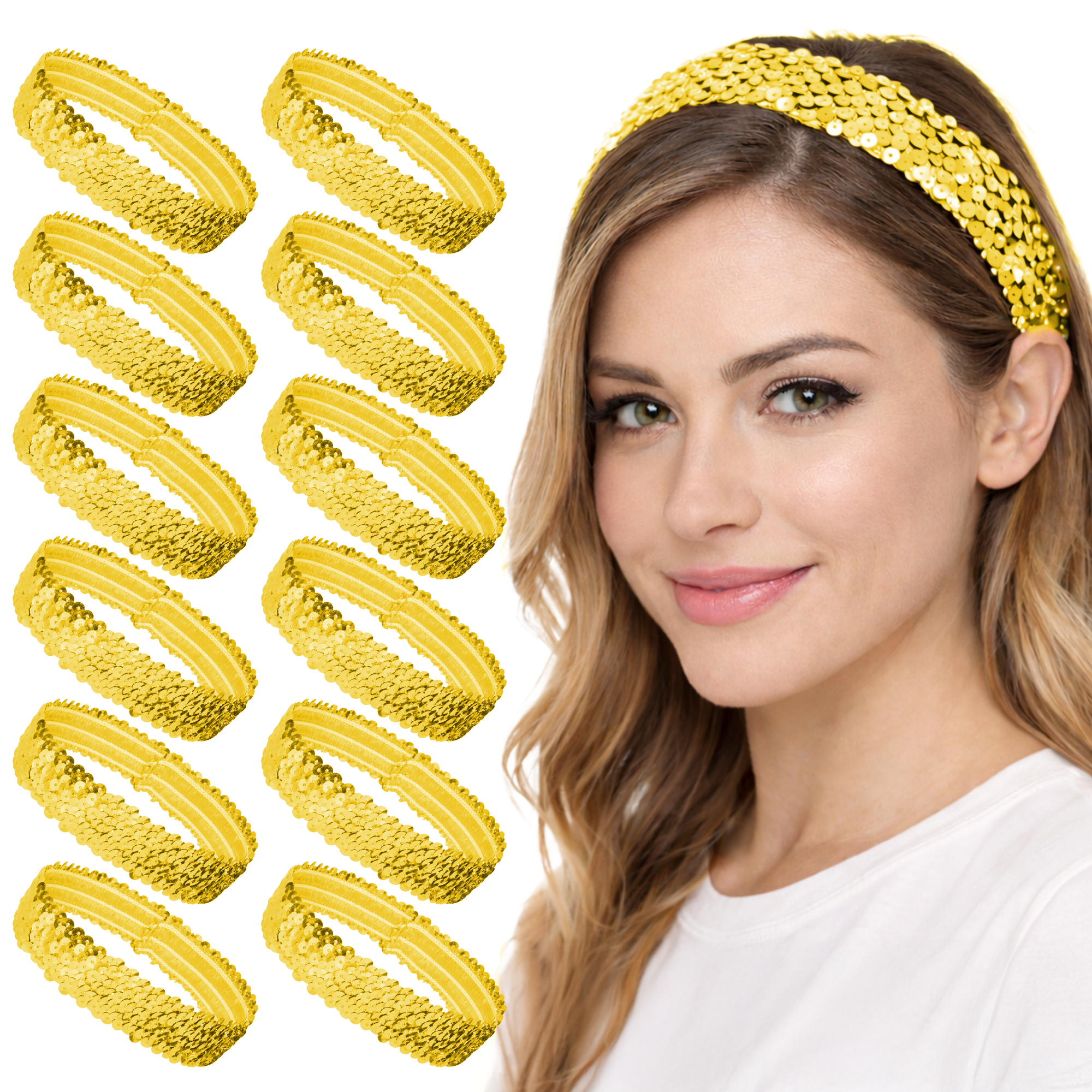 Mandala Crafts Stretch Elastic Sequin Headband, Sparkle Glitter Fashion Head Band 12 Pack Set for Sports, Dance, Party, Women, Girls, Babies