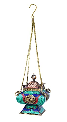 Tibetan Hanging Incense Burner with Chain - Brass Incense Burner with Lid for Resin Charcoal (Gemstone Inlay)