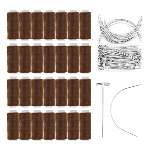 Mandala Crafts Hair Weave Needle and Thread Set - Hair Needle and Thread Kit for Sewing Hair  70 C Needles T Pins 24 Roll Hair Weaving Thread for Hair Sew In Extension Wig Weft