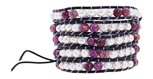 Leather Stackable Bohemian Bracelet for Women Layering Freshwater Cultured Pearl Beaded Leather Boho Wrap Bracelet