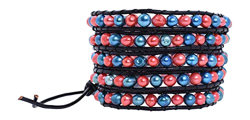 Leather Stackable Bohemian Bracelet for Women Layering Freshwater Cultured Pearl Beaded Leather Boho Wrap Bracelet