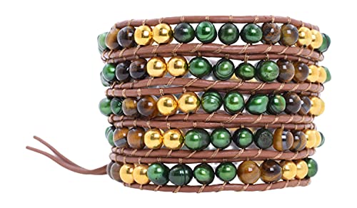 Leather Stackable Bohemian Bracelet for Women Layering Freshwater Cultured Pearl Beaded Leather Boho Wrap Bracelet