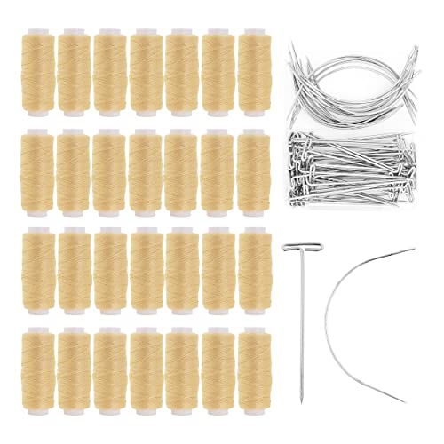 Mandala Crafts Hair Weave Needle and Thread Set - Hair Needle and Thread Kit for Sewing Hair  70 C Needles T Pins 24 Roll Hair Weaving Thread for Hair Sew In Extension Wig Weft