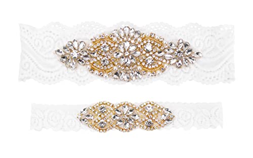 2 Pieces Wedding Garters for Bride - Rhinestone Wedding Garter Belt Set with Pearls
