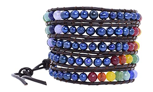 Leather Stackable Bohemian Bracelet for Women Layering Freshwater Cultured Pearl Beaded Leather Boho Wrap Bracelet