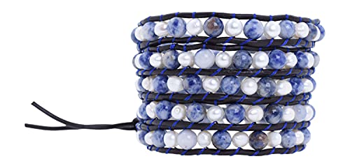 Leather Stackable Bohemian Bracelet for Women Layering Freshwater Cultured Pearl Beaded Leather Boho Wrap Bracelet