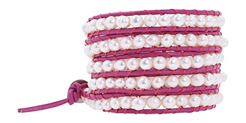 Leather Stackable Bohemian Bracelet for Women Layering Freshwater Cultured Pearl Beaded Leather Boho Wrap Bracelet