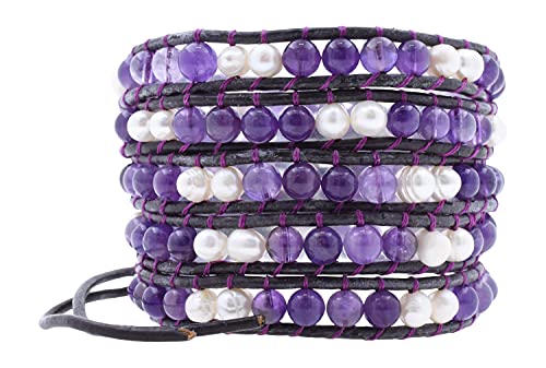 Leather Stackable Bohemian Bracelet for Women Layering Freshwater Cultured Pearl Beaded Leather Boho Wrap Bracelet