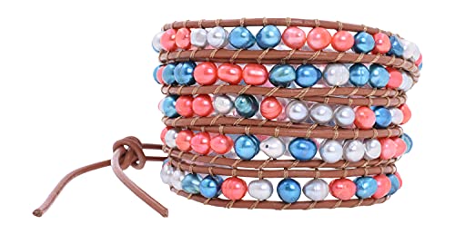 Leather Stackable Bohemian Bracelet for Women Layering Freshwater Cultured Pearl Beaded Leather Boho Wrap Bracelet