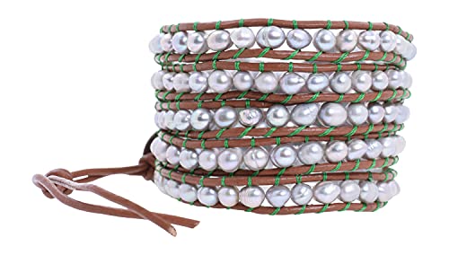 Leather Stackable Bohemian Bracelet for Women Layering Freshwater Cultured Pearl Beaded Leather Boho Wrap Bracelet