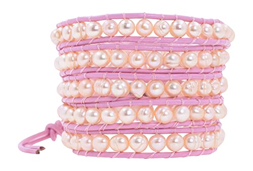 Leather Stackable Bohemian Bracelet for Women Layering Freshwater Cultured Pearl Beaded Leather Boho Wrap Bracelet