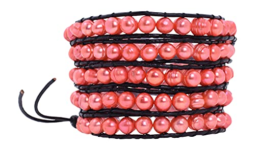 Leather Stackable Bohemian Bracelet for Women Layering Freshwater Cultured Pearl Beaded Leather Boho Wrap Bracelet