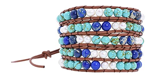 Leather Stackable Bohemian Bracelet for Women Layering Freshwater Cultured Pearl Beaded Leather Boho Wrap Bracelet