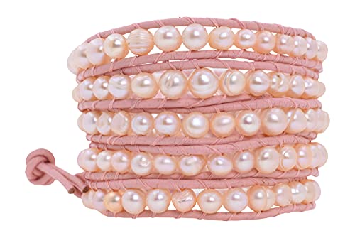 Leather Stackable Bohemian Bracelet for Women Layering Freshwater Cultured Pearl Beaded Leather Boho Wrap Bracelet