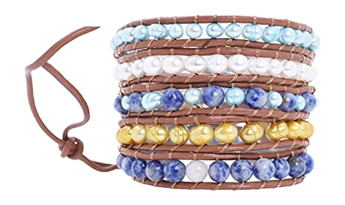 Leather Stackable Bohemian Bracelet for Women Layering Freshwater Cultured Pearl Beaded Leather Boho Wrap Bracelet