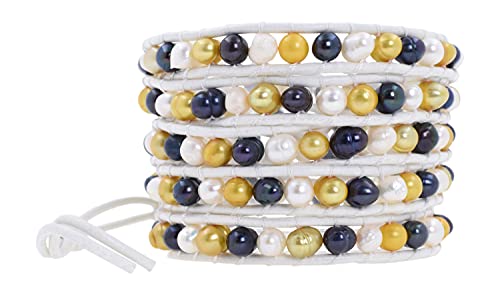 Leather Stackable Bohemian Bracelet for Women Layering Freshwater Cultured Pearl Beaded Leather Boho Wrap Bracelet