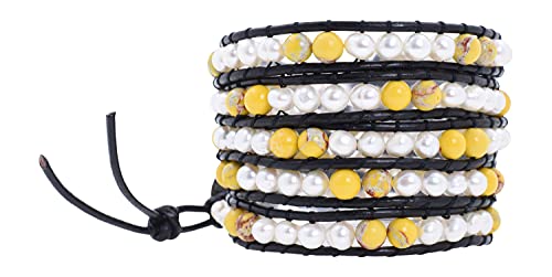 Leather Stackable Bohemian Bracelet for Women Layering Freshwater Cultured Pearl Beaded Leather Boho Wrap Bracelet