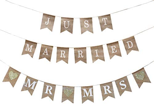 Mandala Crafts Just Married Banner Flag  Mr and Mrs Banner Rustic Burlap Sign Decoration