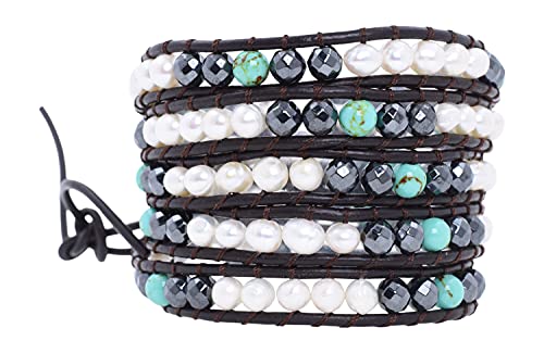 Leather Stackable Bohemian Bracelet for Women Layering Freshwater Cultured Pearl Beaded Leather Boho Wrap Bracelet