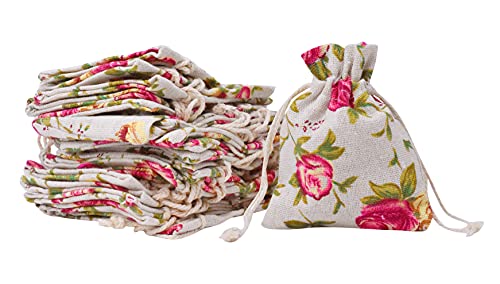 Rose Burlap Drawstring Bags - Floral Gift Bags Flower Linen Burlap Bags with Drawstring Small Pouches for Wedding Party Favor Jewelry
