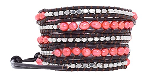 Leather Stackable Bohemian Bracelet for Women Layering Freshwater Cultured Pearl Beaded Leather Boho Wrap Bracelet