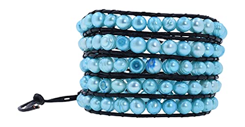Leather Stackable Bohemian Bracelet for Women Layering Freshwater Cultured Pearl Beaded Leather Boho Wrap Bracelet