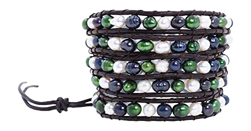 Leather Stackable Bohemian Bracelet for Women Layering Freshwater Cultured Pearl Beaded Leather Boho Wrap Bracelet