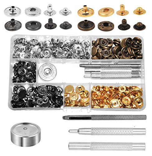Qfun 120 Set Snap Fasteners Kit for Leather 12mm Metal Button Snaps Press Studs with 4 Setter Tools 1 Hammer 4 Color Leather Snaps for Clothes Jac