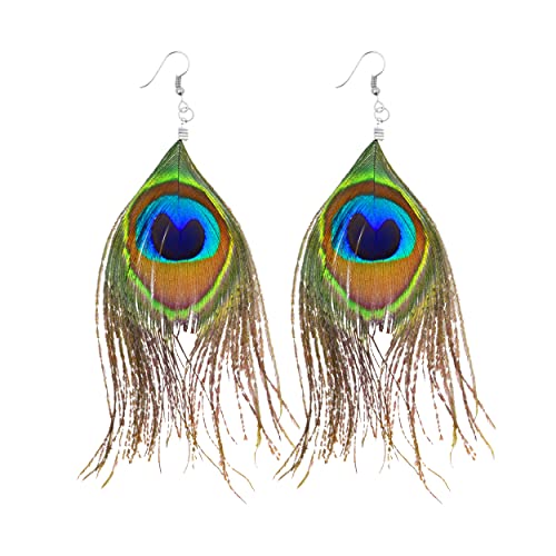Mudra Crafts Peacock Feather Earrings for Women Girls Lightweight Boho Feather Dangle Earrings Natural Feather Earrings Large Peacock Earrings for Women