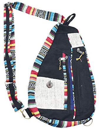 Mandala Crafts BOHO Hippie Sling Backpack Purse from Hemp for Women, Girls, and Men