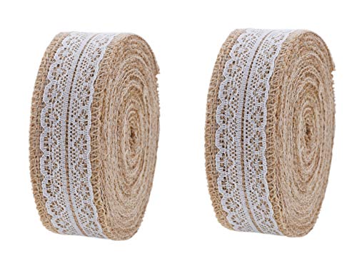 Burlap Ribbon with Lace Unwired 20 Yards Rustic Jute Ribbon for Crafts, Mason Jars, Weddings, Party Decoration; by Mandala Crafts