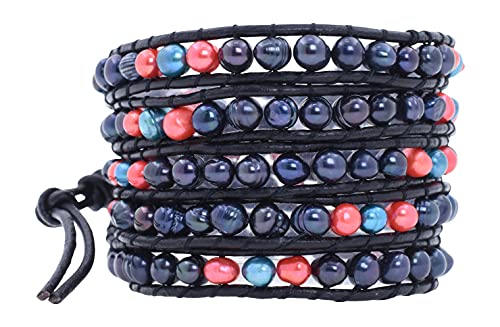 Leather Stackable Bohemian Bracelet for Women Layering Freshwater Cultured Pearl Beaded Leather Boho Wrap Bracelet
