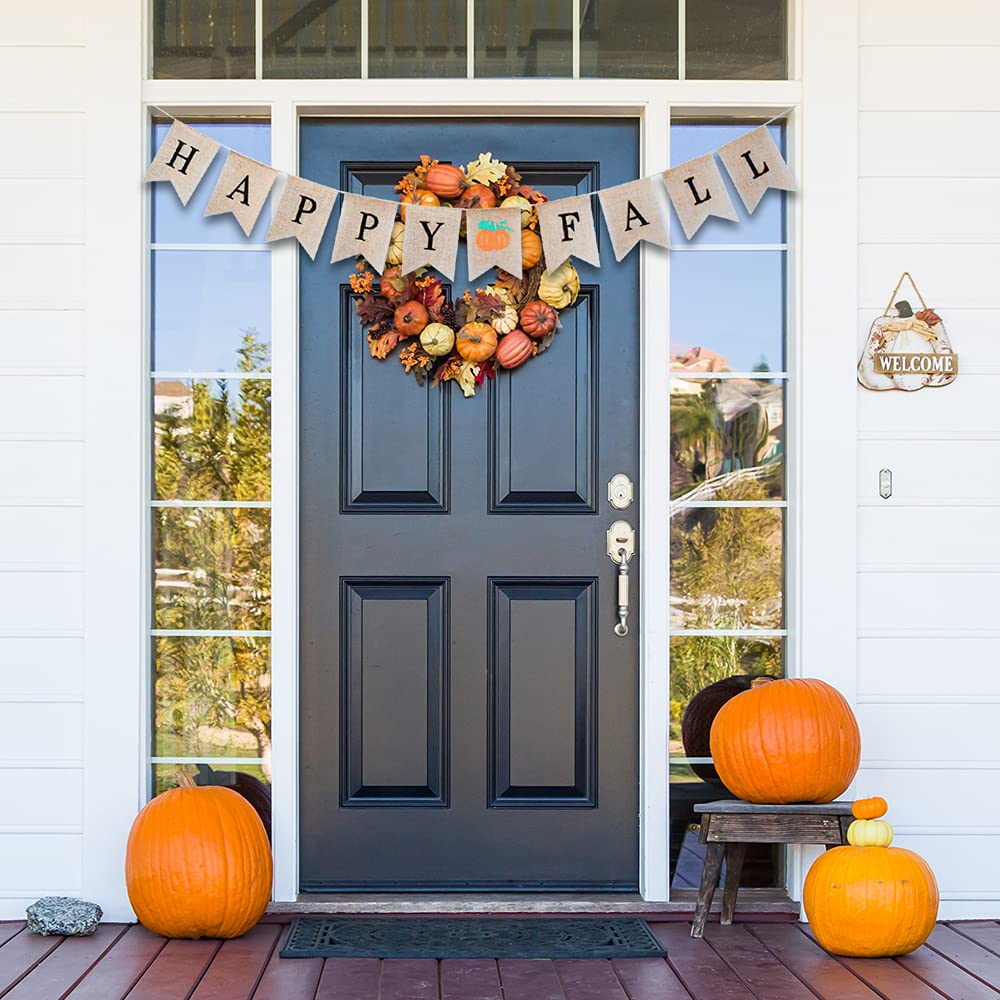Happy Fall Burlap Banner Sign - Fall Festival Banner Thanksgiving Banner for Fireplace Mantel Happy Fall Decor